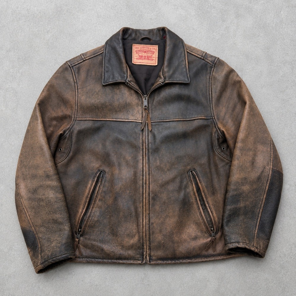 Levi Strauss y2k Distressed Brown Leather Zip Jacket Large vintage